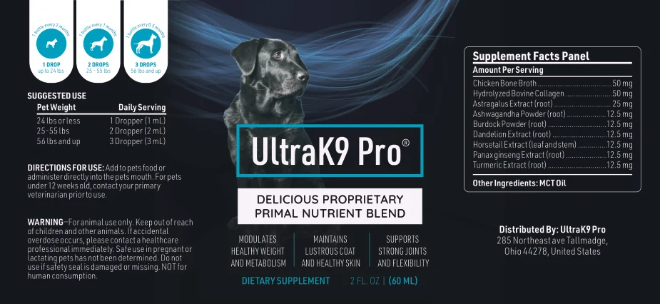 UltraK9 Pro's real Supplement Facts panel, listing all nine dosed active ingredients with individual milligram amounts, suggested use by dog weight, and warnings