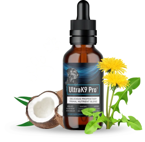UltraK9 Pro bottle photographed by the seller: an amber dropper bottle with a black cap, the label reading UltraK9 Pro, DELICIOUS PROPRIETARY PRIMAL NUTRIENT BLEND, DIETARY SUPPLEMENT, with a black dog on the label and a halved coconut and dandelion flowers beside it